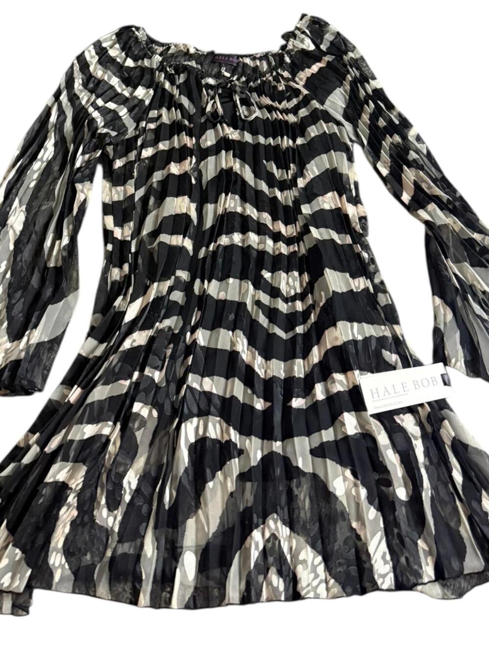 Hale Bob NWT Pleated Animal Print Bell Sleeve Dress Black Neutral L